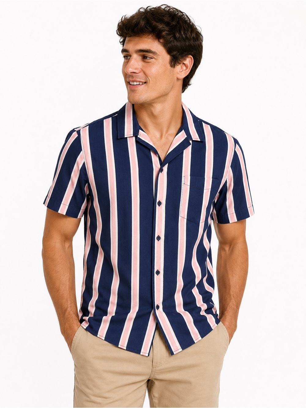 Sovereign Code Mens Medium Stripe Button Up Shirt Pink Blue 100% Cotton